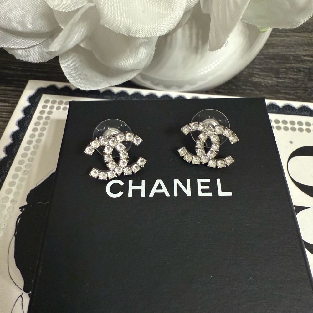 CHANEL Large Classic Silver Crystal CC Earrings
